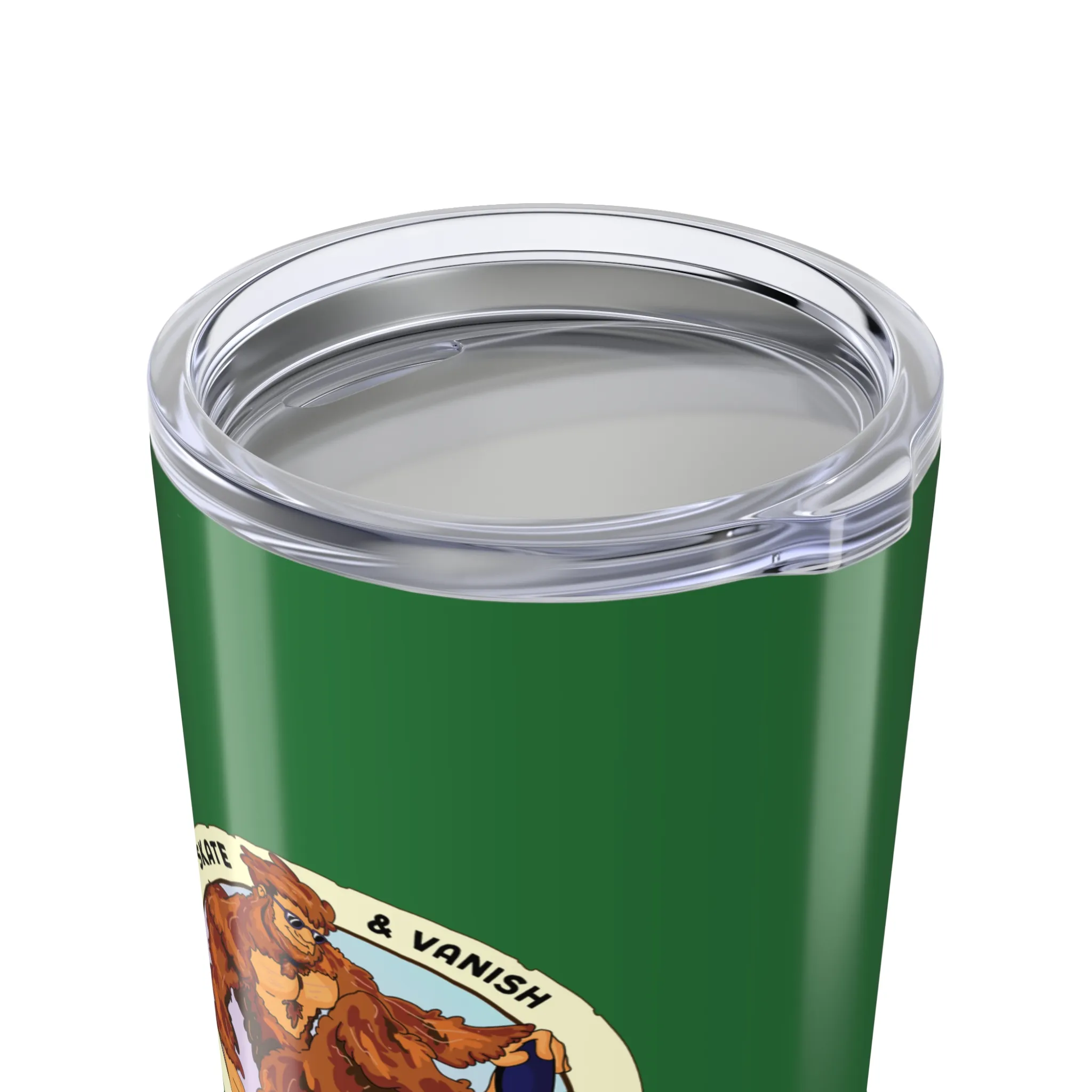 Leafy green tumbler with Bigfoot skateboarding graphic