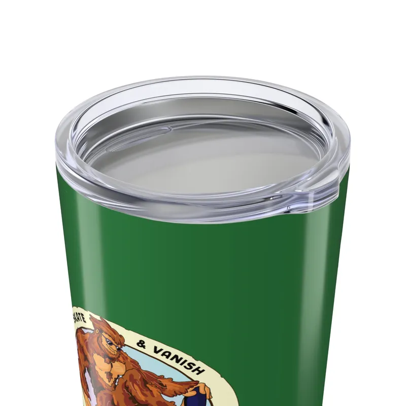 Leafy green tumbler with Bigfoot skateboarding graphic