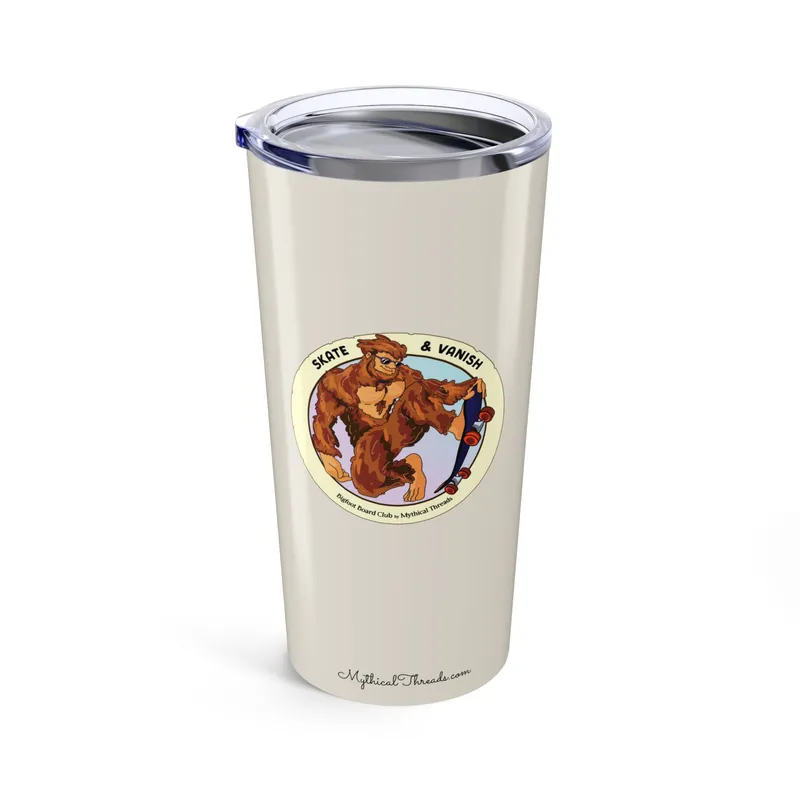 Parchment tumbler with Bigfoot skateboarding graphic