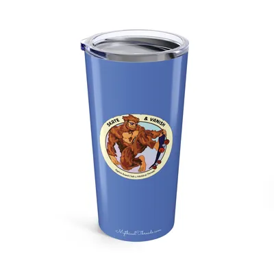 Periwinkle tumbler with Bigfoot skateboarding graphic