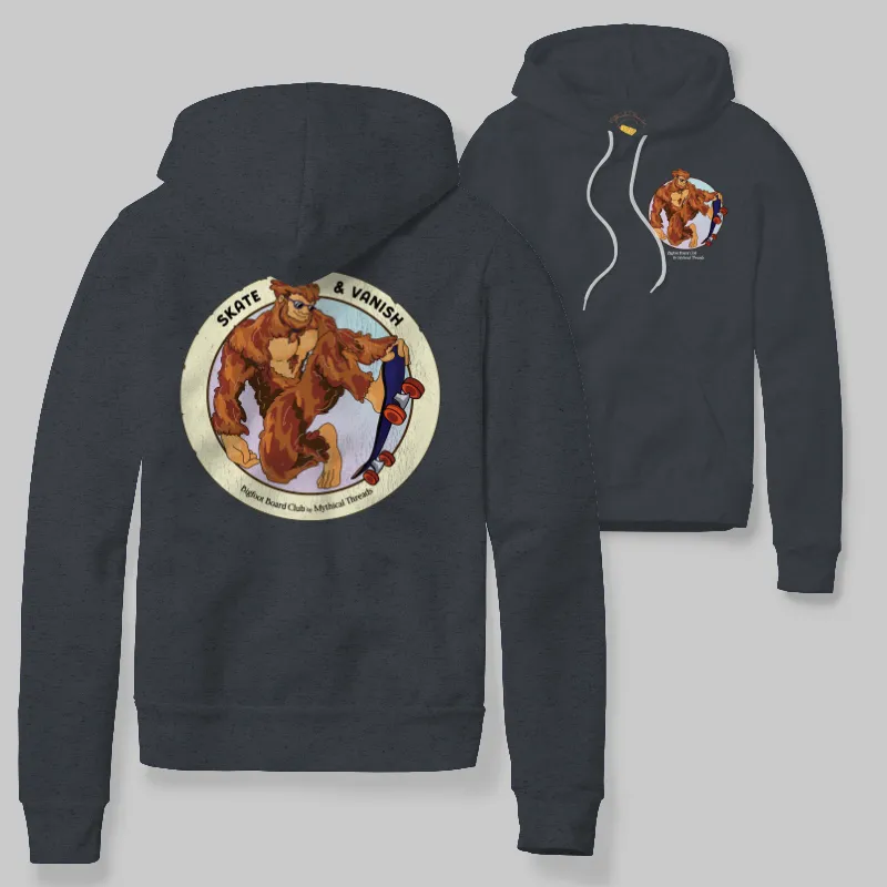 Charcoal Heather Hoodie with Bigfoot skateboarding graphic