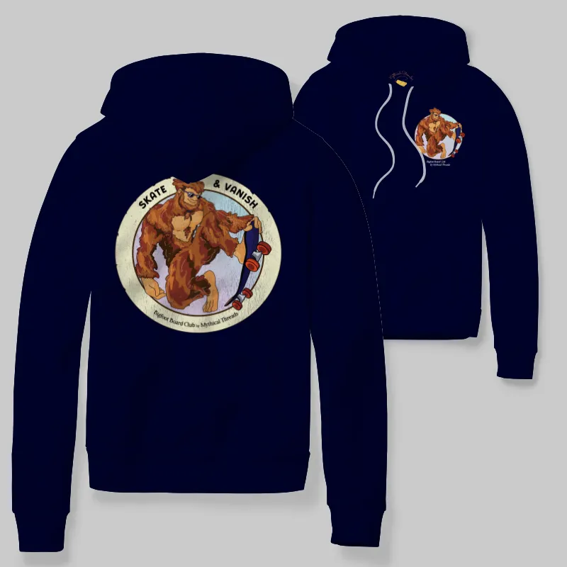 Navy Hoodie with Bigfoot skateboarding graphic