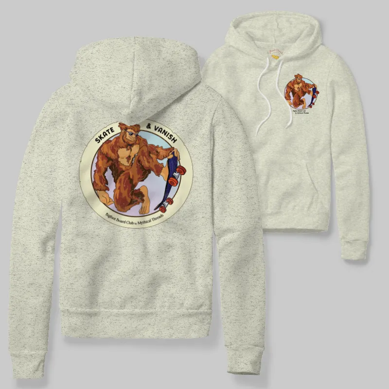 Oatmeal Heather Hoodie with Bigfoot skateboarding graphic