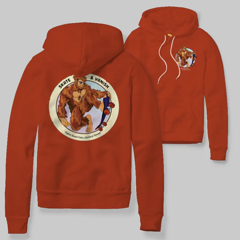 Red Hoodie with Bigfoot skateboarding graphic