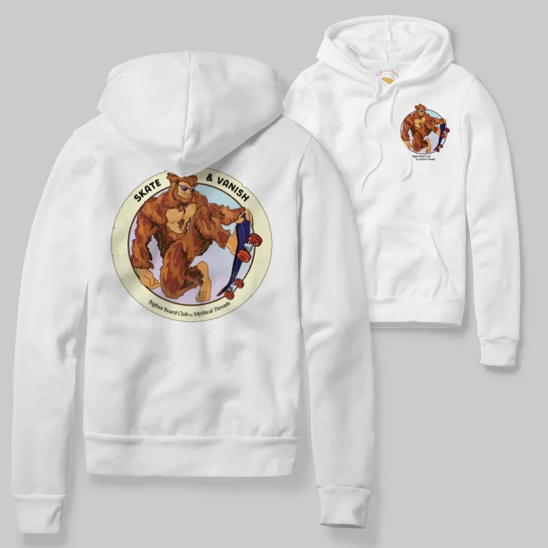 White Hoodie with Bigfoot skateboarding graphic