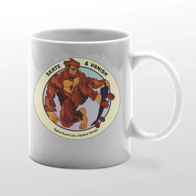 White mug with Bigfoot skateboarding graphic