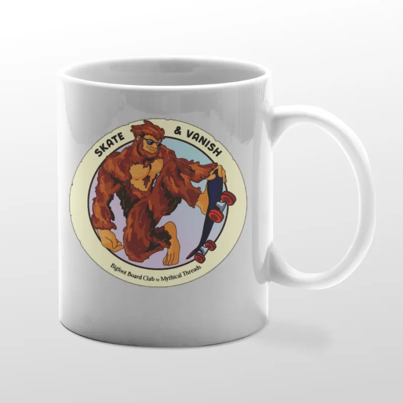 White mug with Bigfoot skateboarding graphic