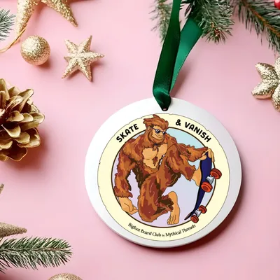 White mug with Bigfoot skateboarding graphic