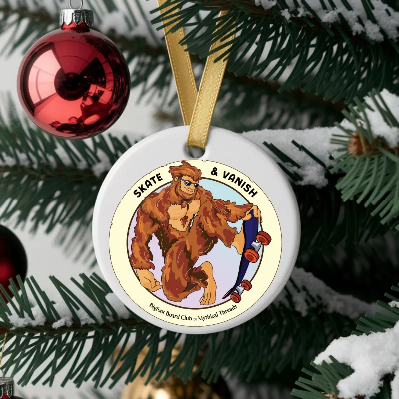 White mug with Bigfoot skateboarding graphic