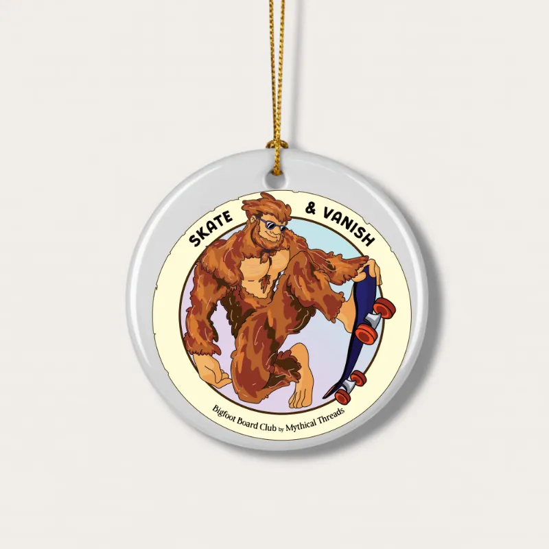 White mug with Bigfoot skateboarding graphic