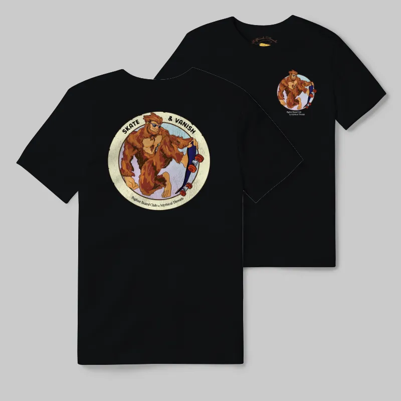 Black T-shirt with Bigfoot skateboarding graphic