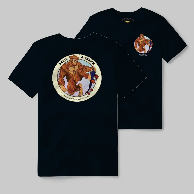 Black Heather T-shirt with Bigfoot skateboarding graphic