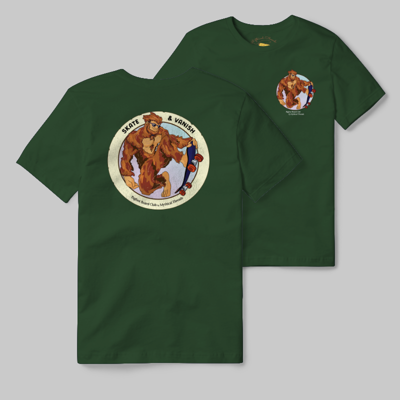Emerald T-shirt with Bigfoot skateboarding graphic