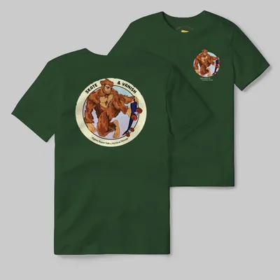 Emerald T-shirt with Bigfoot skateboarding graphic