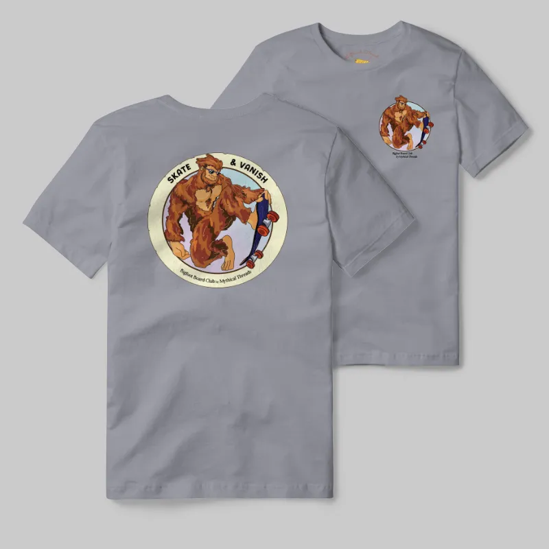 Grey T-shirt with Bigfoot skateboarding graphic