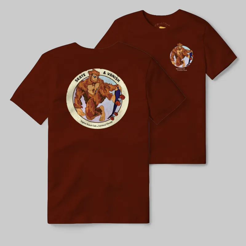 Maroon T-shirt with Bigfoot skateboarding graphic