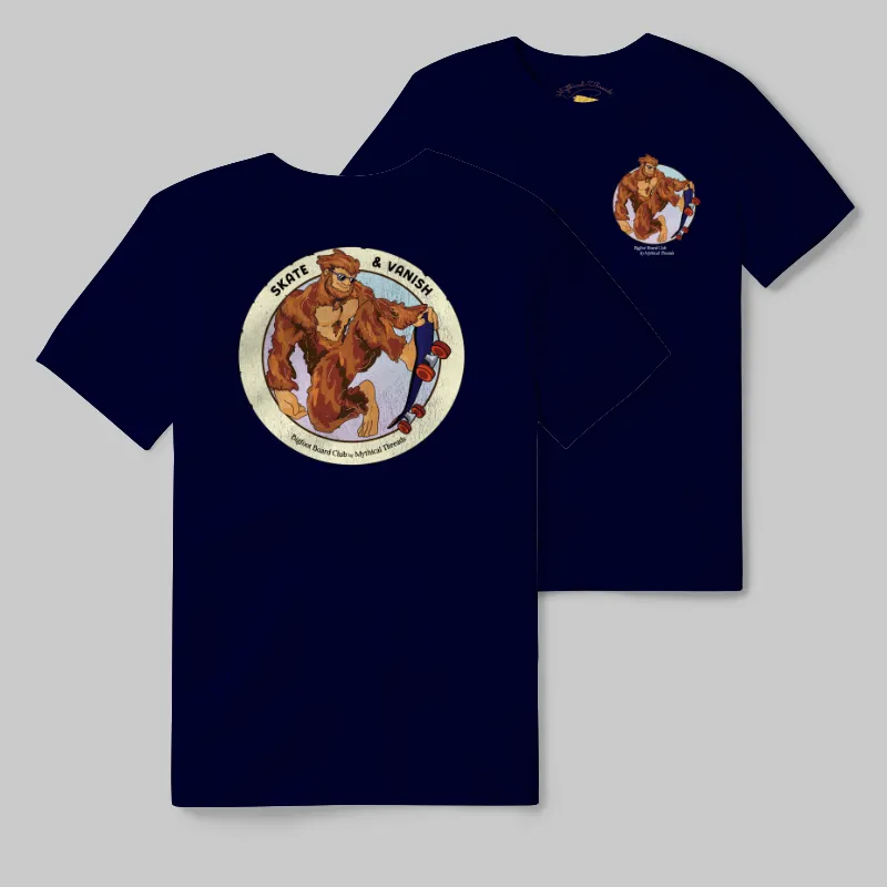 Navy T-shirt with Bigfoot skateboarding graphic