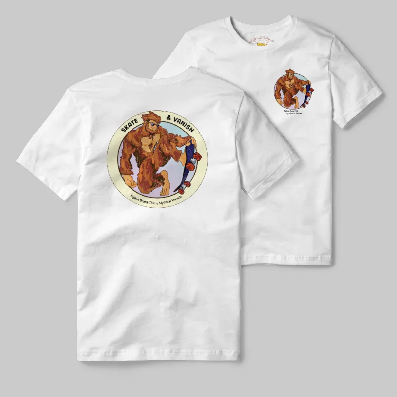 White T-shirt with Bigfoot skateboarding graphic