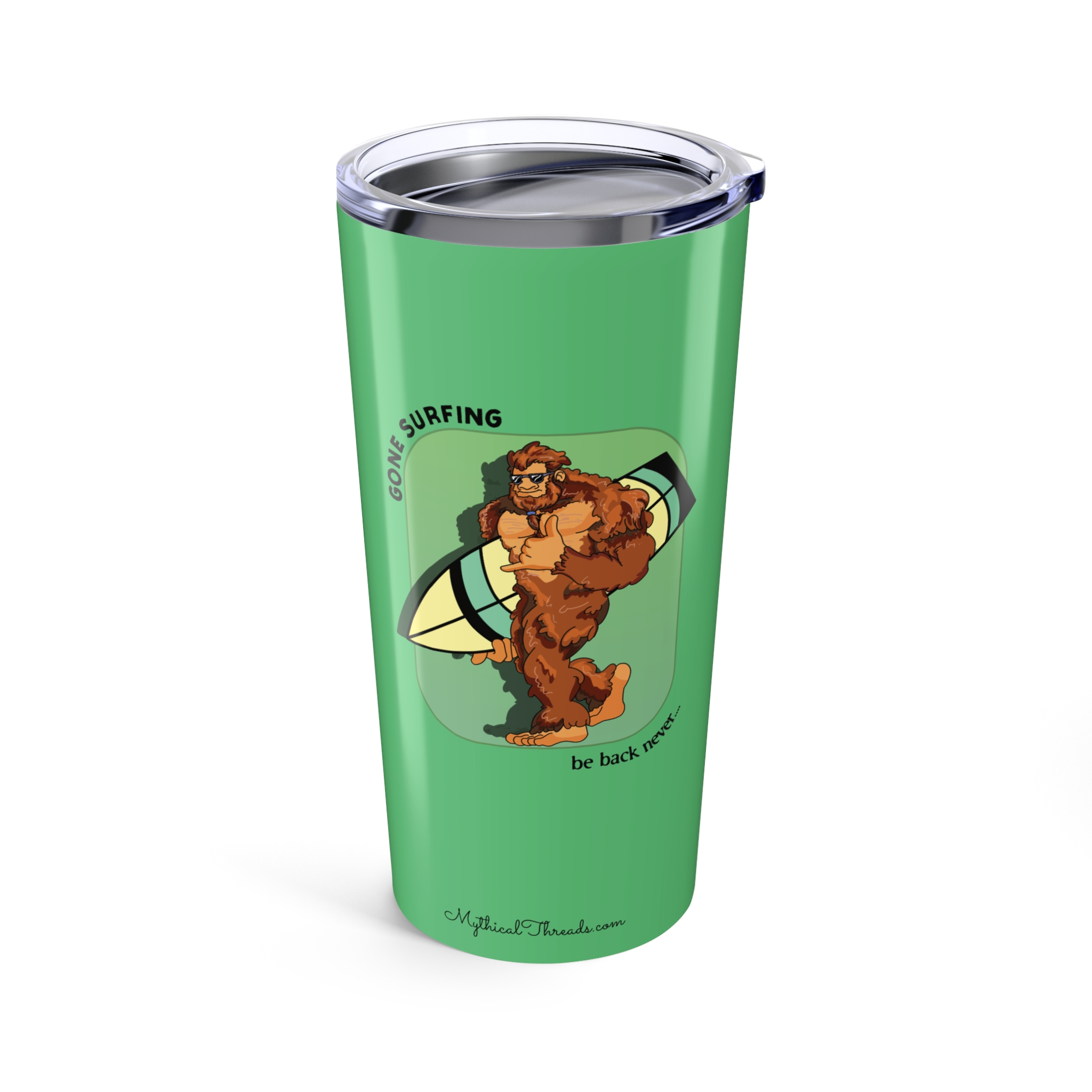 Aqua teal tumbler with Bigfoot surfboard graphic