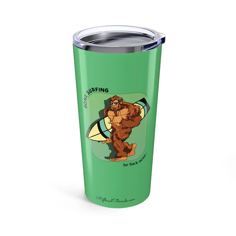 Aqua teal tumbler with Bigfoot surfboard graphic