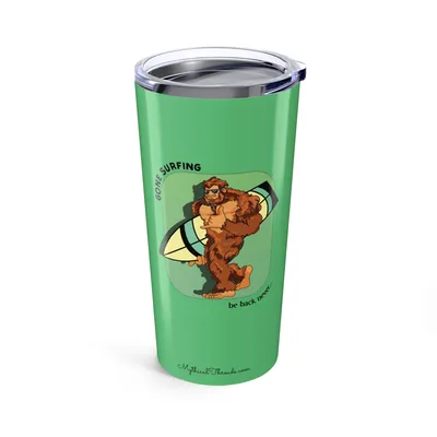 Aqua teal tumbler with Bigfoot surfboard graphic