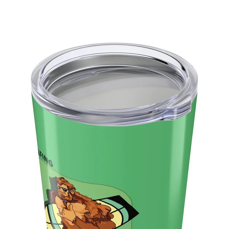 Aqua teal tumbler with Bigfoot surfboard graphic