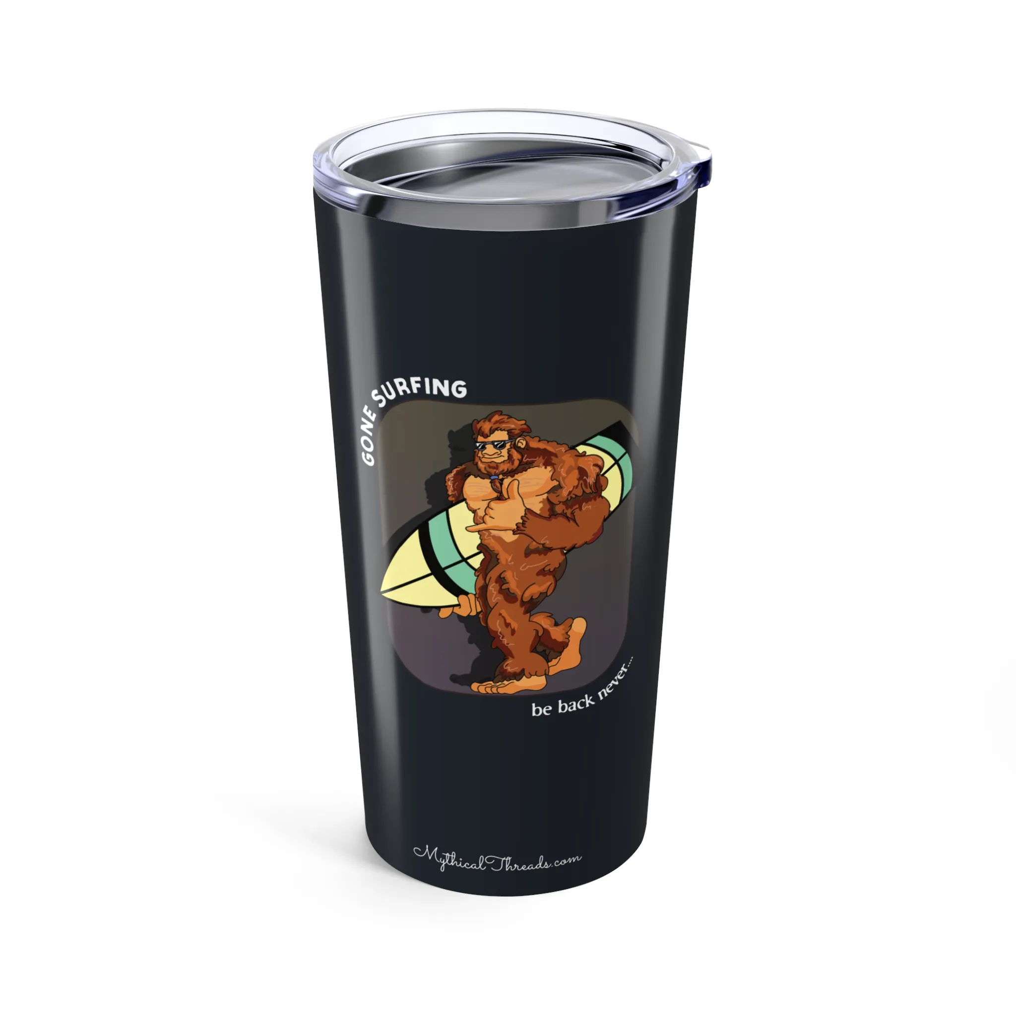 Deep Charcoal tumbler with Bigfoot surfboard graphic