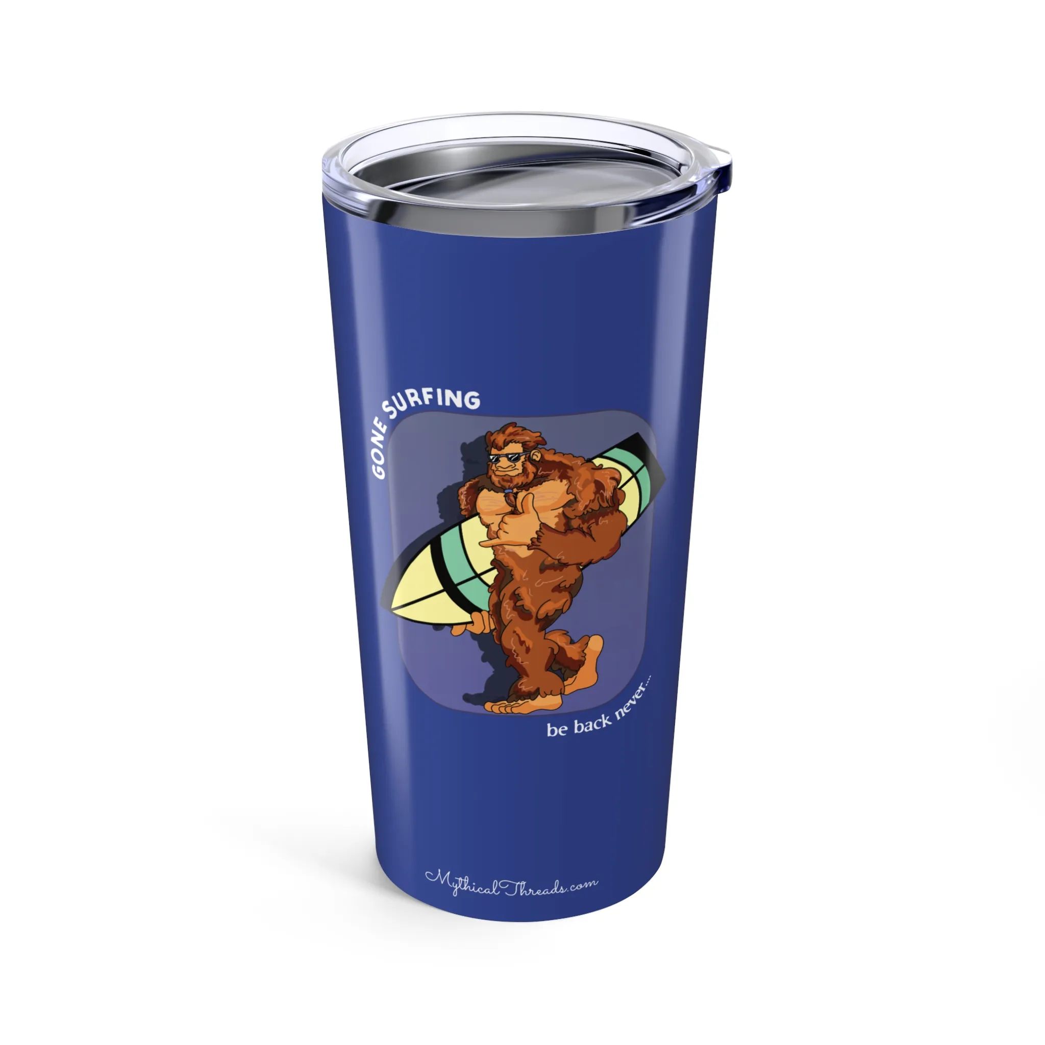 Ocean Blue tumbler with Bigfoot surfboard graphic