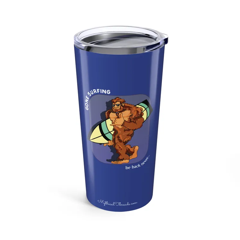 Ocean Blue tumbler with Bigfoot surfboard graphic