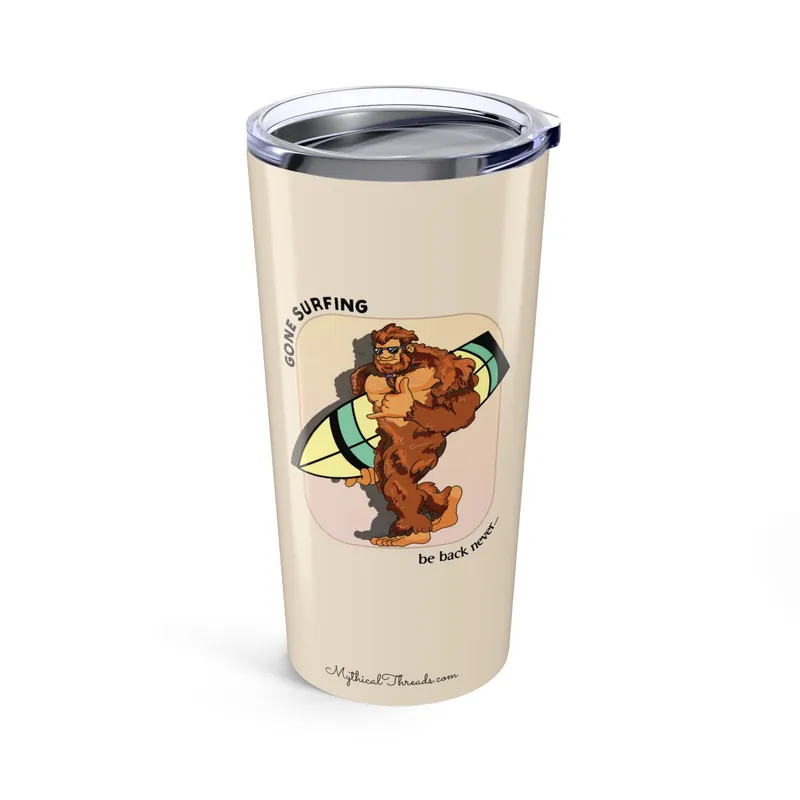 Sandy Beige tumbler with Bigfoot surfboard graphic