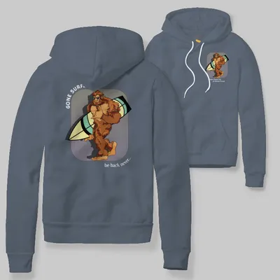 Blue Jean Hoodie with Bigfoot surfing graphic