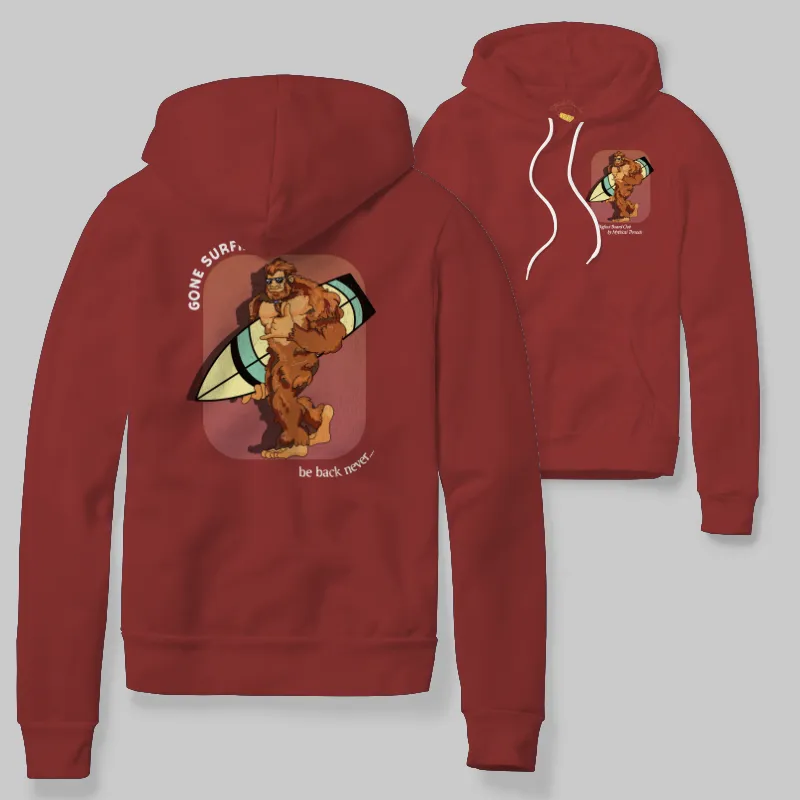 Crimson Hoodie with Bigfoot surfing graphic