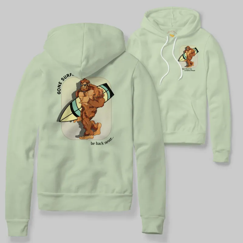 Light Green Hoodie with Bigfoot surfing graphic