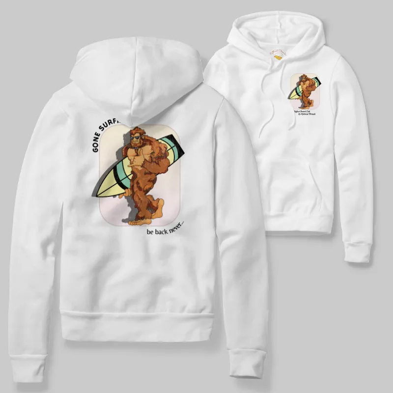 White Hoodie with Bigfoot surfing graphic