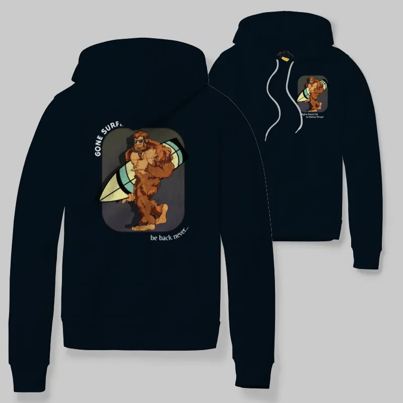 Black Hoodie with Bigfoot surfboarding graphic