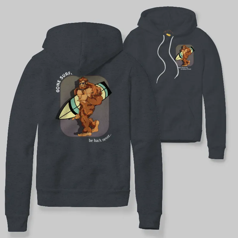 Charcoal Heather Hoodie with Bigfoot surfboarding graphic
