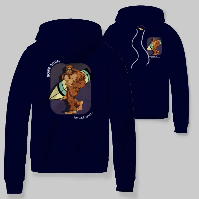 Navy Hoodie with Bigfoot surfboarding graphic