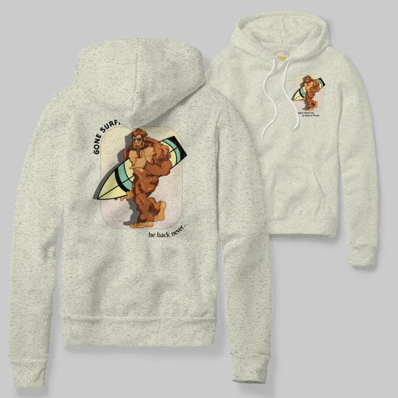 Oatmeal Heather Hoodie with Bigfoot surfboarding graphic