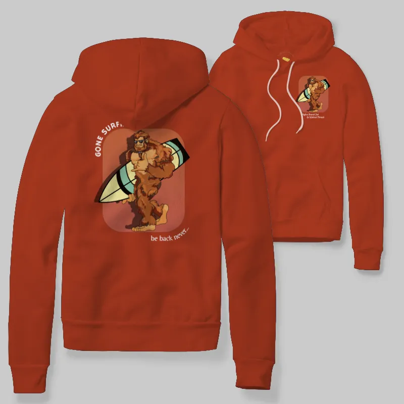 Red Hoodie with Bigfoot surfboarding graphic