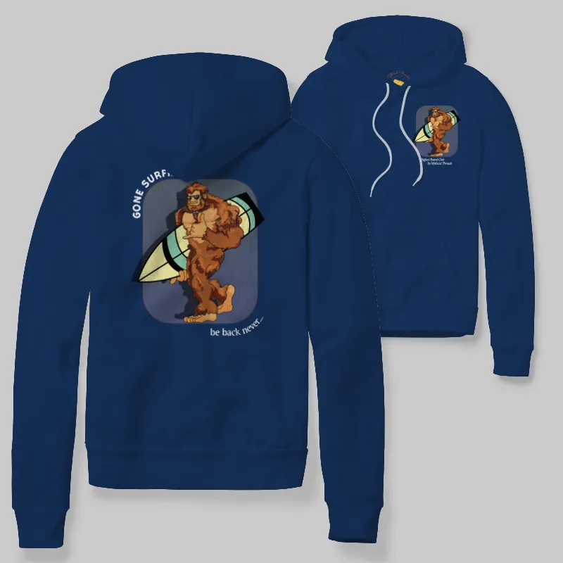 True Royal Hoodie with Bigfoot surfboarding graphic