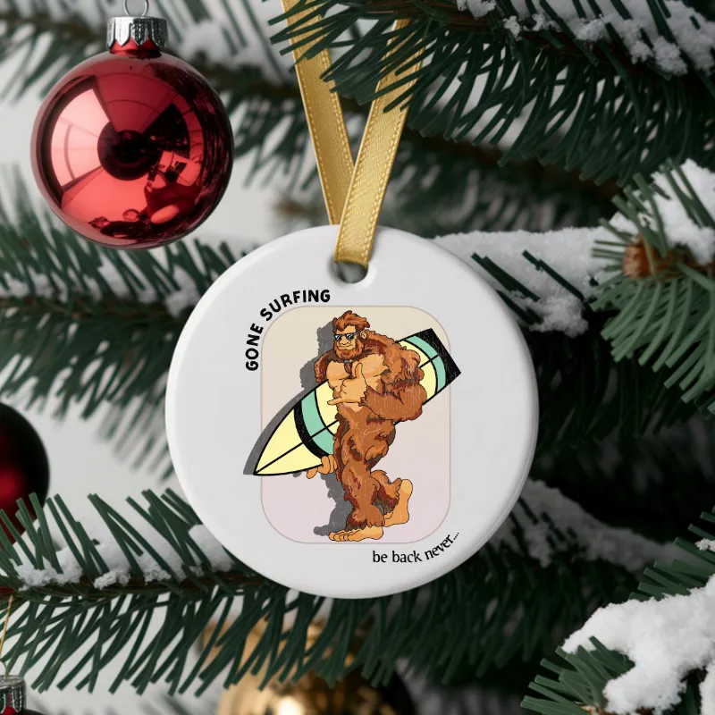 White mug with Bigfoot walking with his surfboard graphic