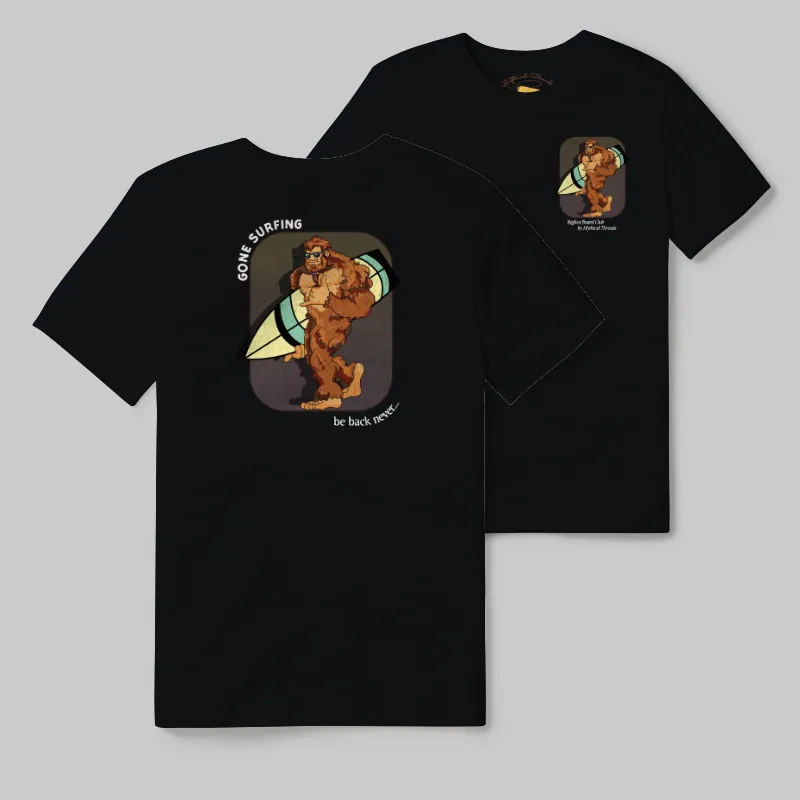 Black T-shirt with Bigfoot surfboard graphic
