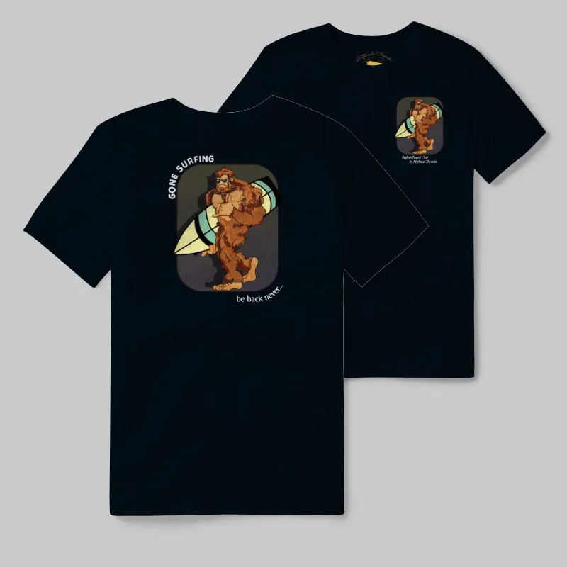 Black Heather T-shirt with Bigfoot surfboard graphic