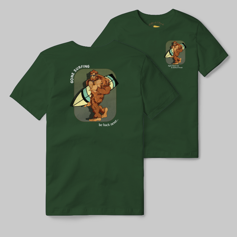 Emerald T-shirt with Bigfoot surfboard graphic