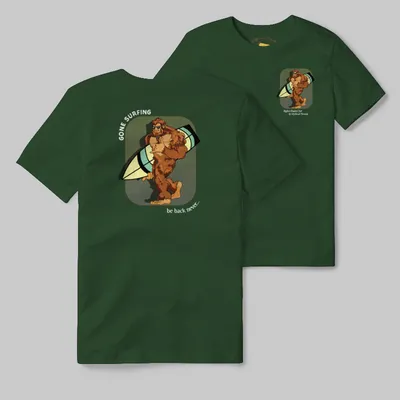 Emerald T-shirt with Bigfoot surfboard graphic
