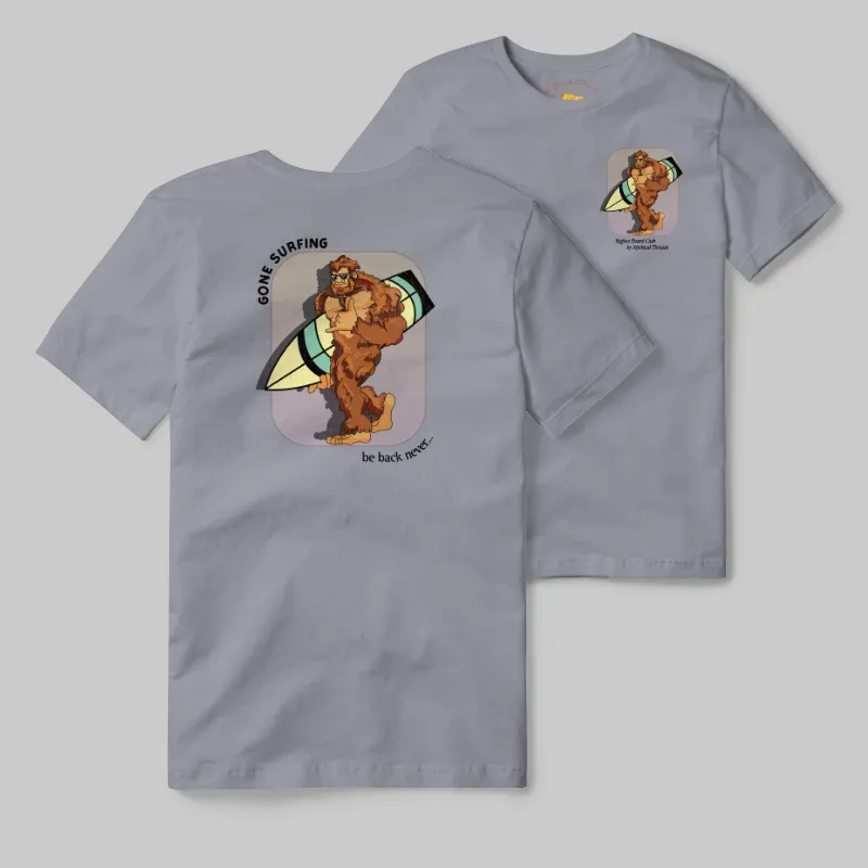 Grey T-shirt with Bigfoot surfboard graphic