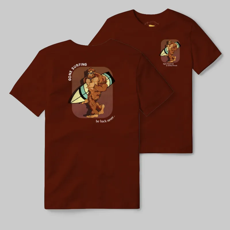 Maroon T-shirt with Bigfoot surfboard graphic