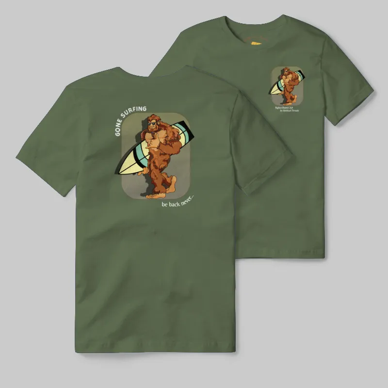 Olive T-shirt with Bigfoot surfboard graphic