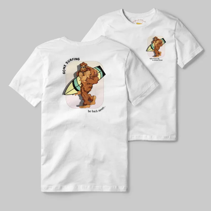White T-shirt with Bigfoot surfboard graphic