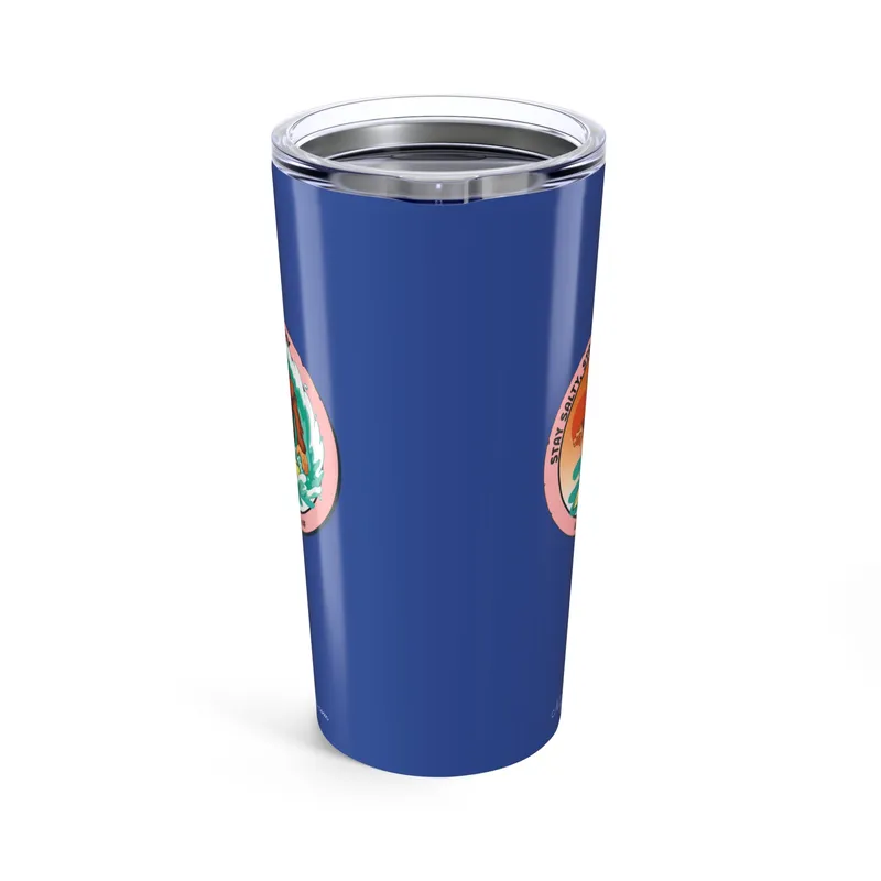 Deep ocean blue tumbler with Bigfoot surfing graphic